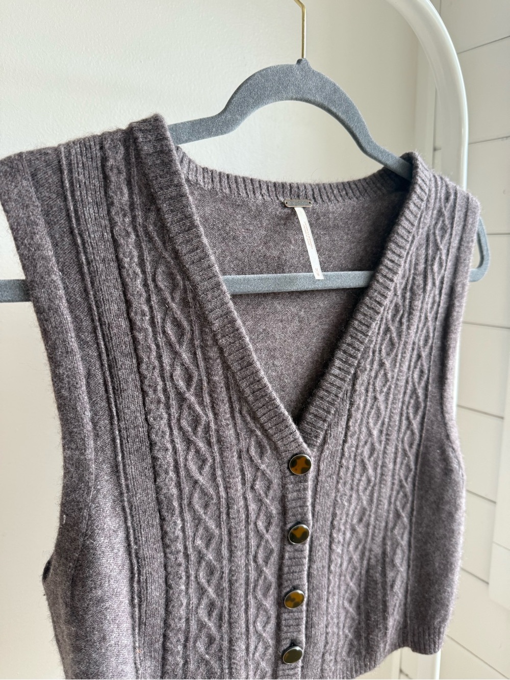 Free People Beatrice 100% Cashmere Cable Knit Button-Front Vest in Plum Truffle - Picture 7 of 10
